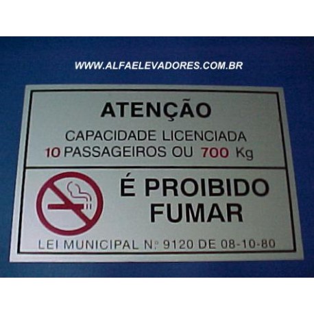 PLACA ADESIVA LOTAÇÃO 05 PASSAGEIROS E PROIBIDO FUMAR
